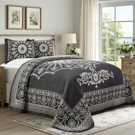 Superior Cotton Blend Woven Jacquard Vintage Medallion Bedspread Set 3-Pieces, Queen, Charcoal
