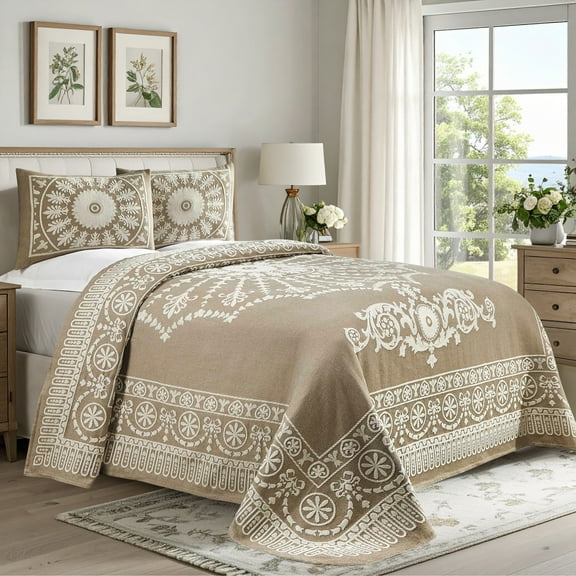 Superior Cotton Blend Woven Jacquard Vintage Medallion Bedspread Set 3-Pieces, Queen, Taupe
