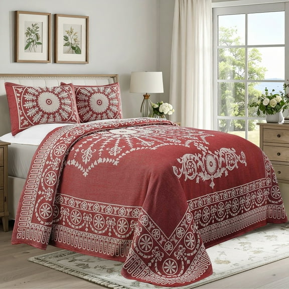 Superior Cotton Blend Woven Jacquard Vintage Medallion Bedspread Set 3-Pieces, Twin, Berry Red