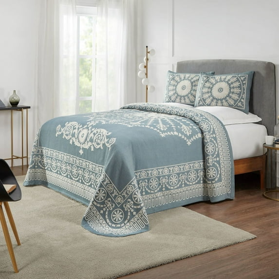Superior Cotton Blend Woven Jacquard Vintage Medallion Bedspread Set 3-Pieces, Twin, Cerulean Blue
