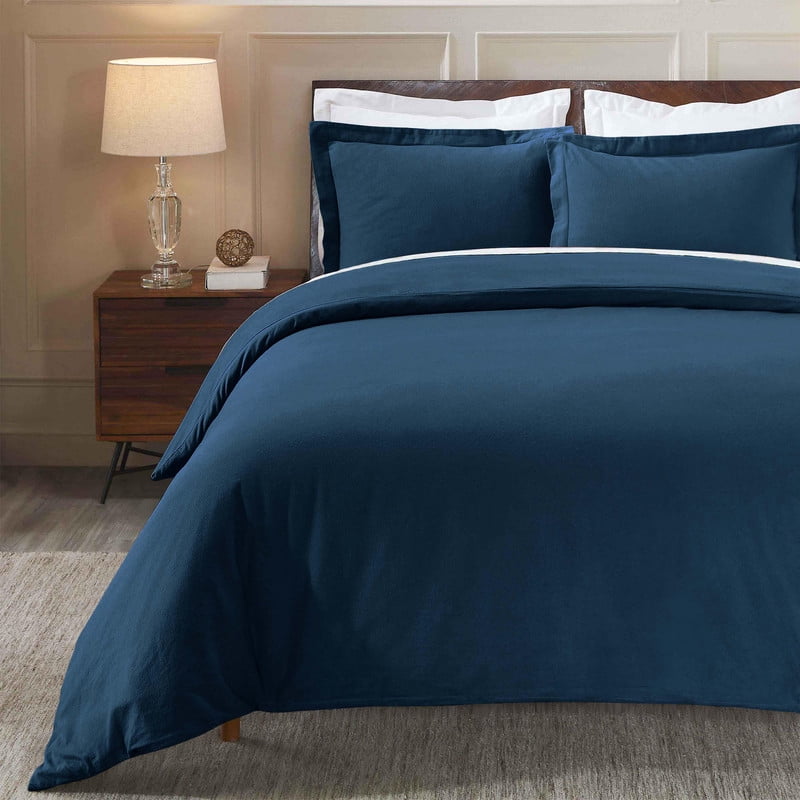 Superior Cotton Flannel Solid Duvet Cover Set, King/California King, Navy Blue
