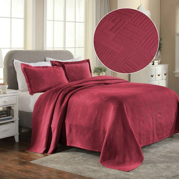 Superior Geometric Fret Cotton Decorative Bedspread and Sham Set, King, Burgundy