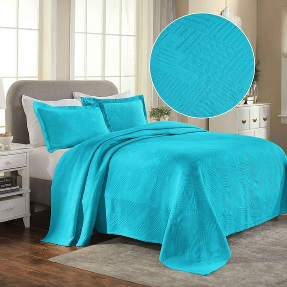 Superior Geometric Fret Cotton Decorative Bedspread and Sham Set, King, Peacock Blue