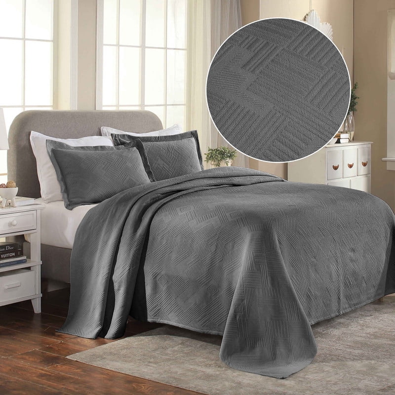 Queen Gray Cotton Jacquard Geometric Bedspread Set