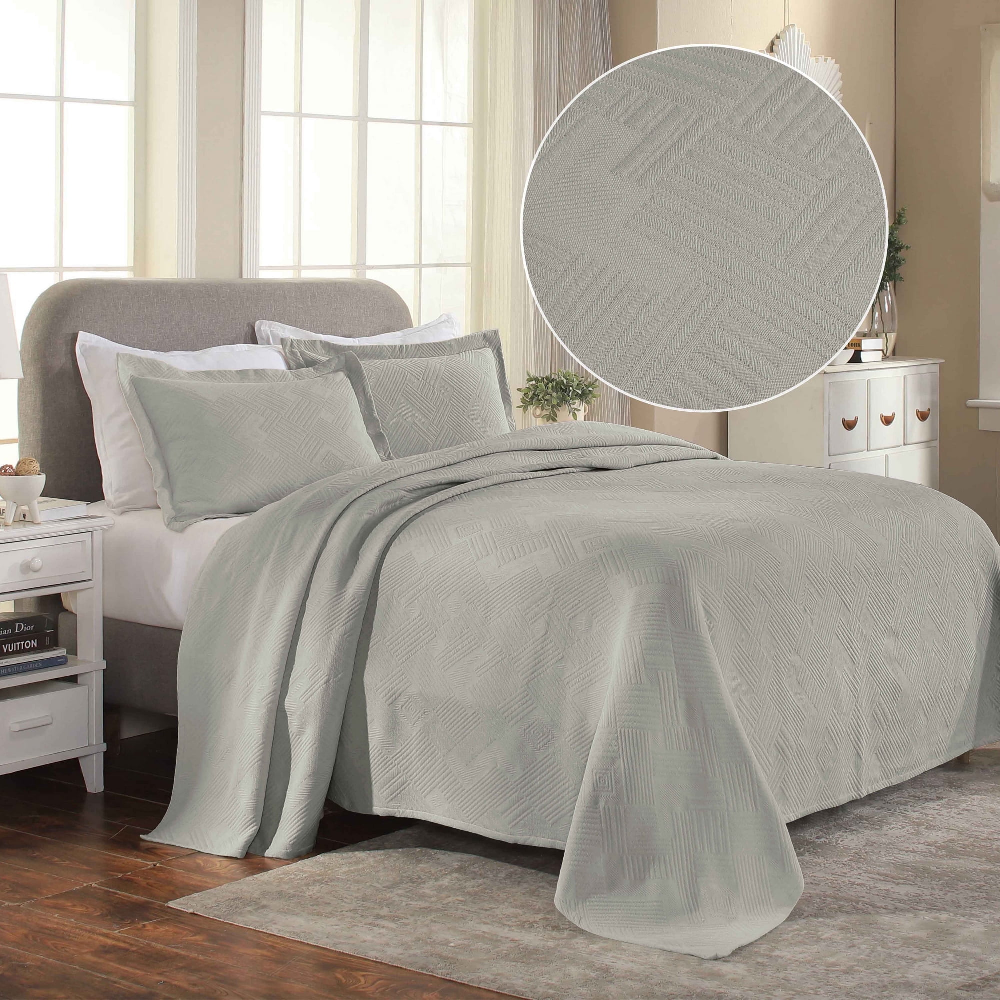 Ivory Cotton Twin Bedspread Set with Geometric Jacquard Matelasse