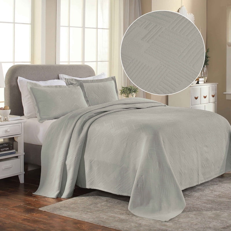 Ivory Cotton Twin Bedspread Set with Geometric Jacquard Matelasse