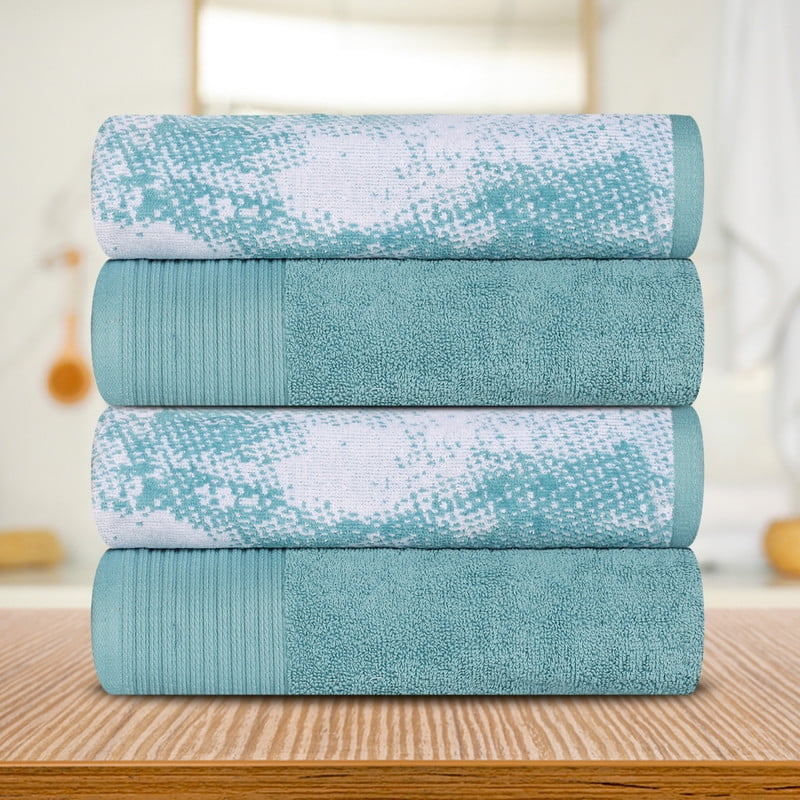Teal Cotton 4-Piece Bath Towel Set with Marble Design