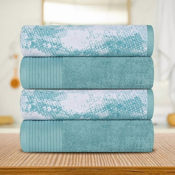 Superior Cotton Marble Jacquard Border Bath Towel (Set of 4), Teal