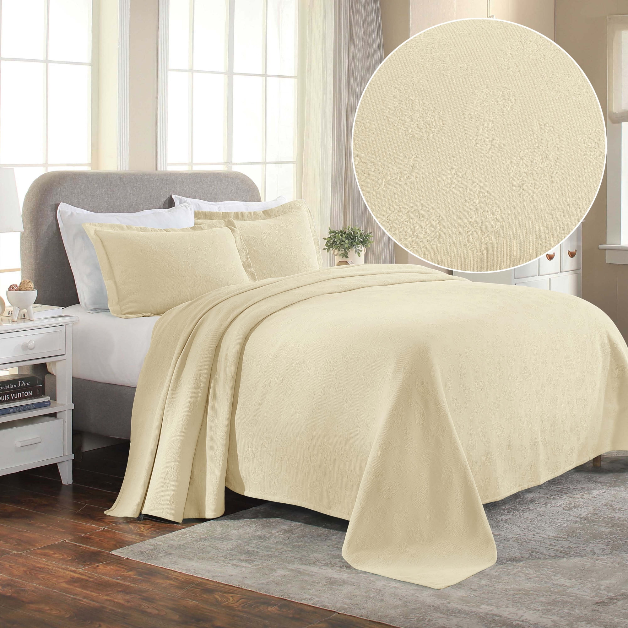 Superior Cotton Paisley Bedspread 3 Piece Bedding Set, Queen, Ivory