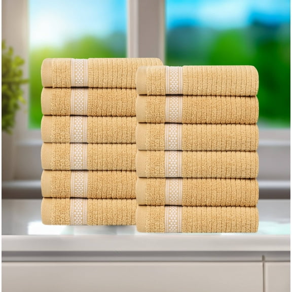 Superior Cotton Ribbed Geometric Face Towel Washcloth Set of 12, Gold