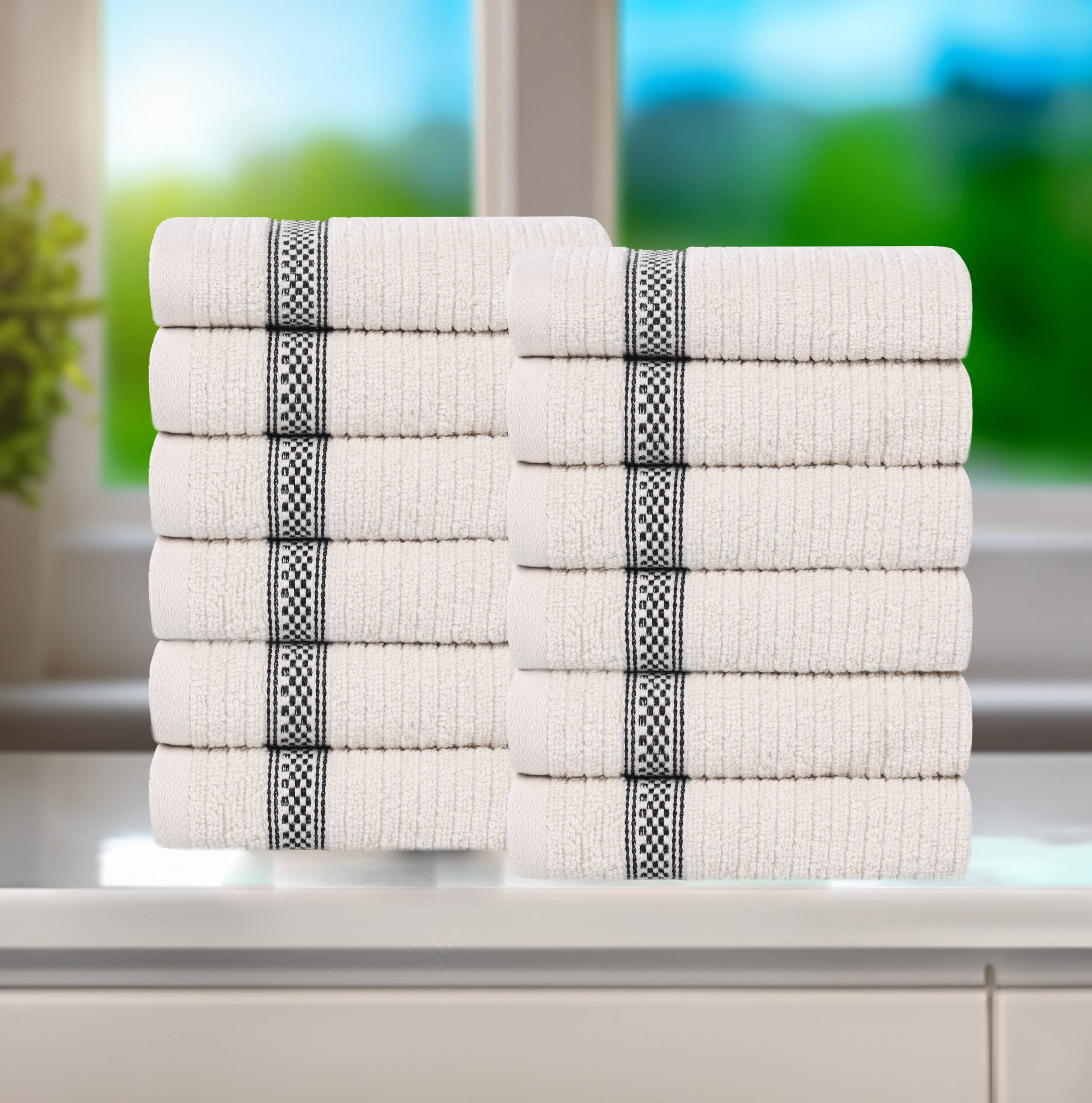 Superior Cotton Ribbed Geometric Face Towel Washcloth Set of 12, Ultra Soft Quick Dry, Stone