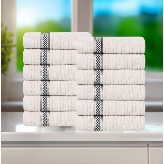 Superior Cotton Ribbed Geometric Face Towel Washcloth Set of 12, Ultra Soft Quick Dry, Stone