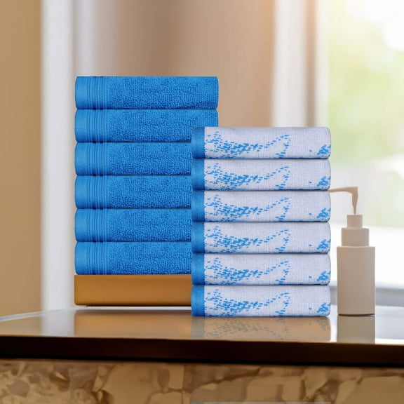 Superior Cotton Solid and Marble Face Towel Set of 12, Blue