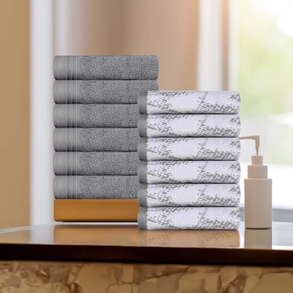 Superior Cotton Solid and Marble Face Towel Set of 12, Grey