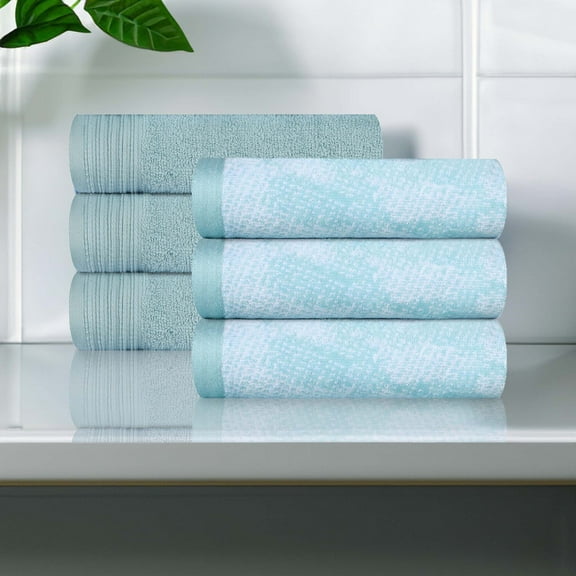 Superior Cotton Solid and Marble Hand Towel Set of 6, Cyan