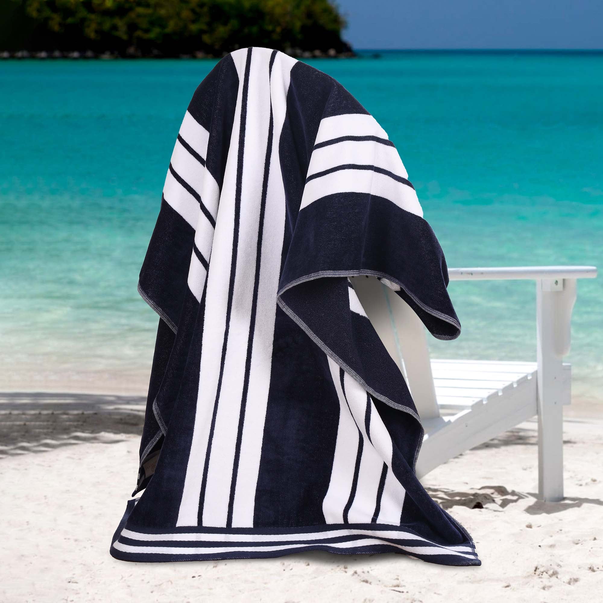 Oversized Blue and White Cotton Striped Beach Towel, 34" x 64"