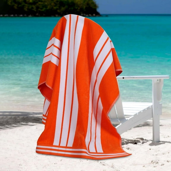 Superior Cotton Striped Oversized Beach Towel, 34" x 64", Coral