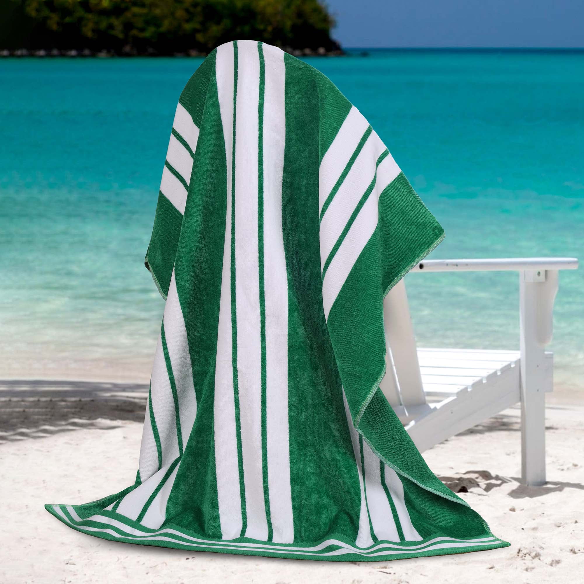 American Soft Linen Beach Towels 4-Pack - 30x60 Inch Oversized, 100% Ringspun Cotton, Cabana Striped, Moss Green