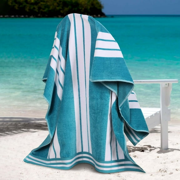 Superior Cotton Striped Oversized Beach Towel Set of 4, 34" x 64", Turquoise