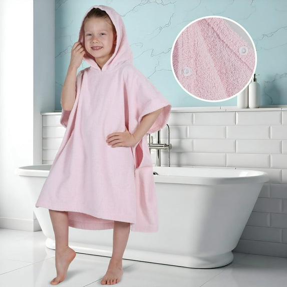 Superior Lyron Kids Cotton Terry Medium Weight Hooded Poncho Bath Towel, Large, Pink