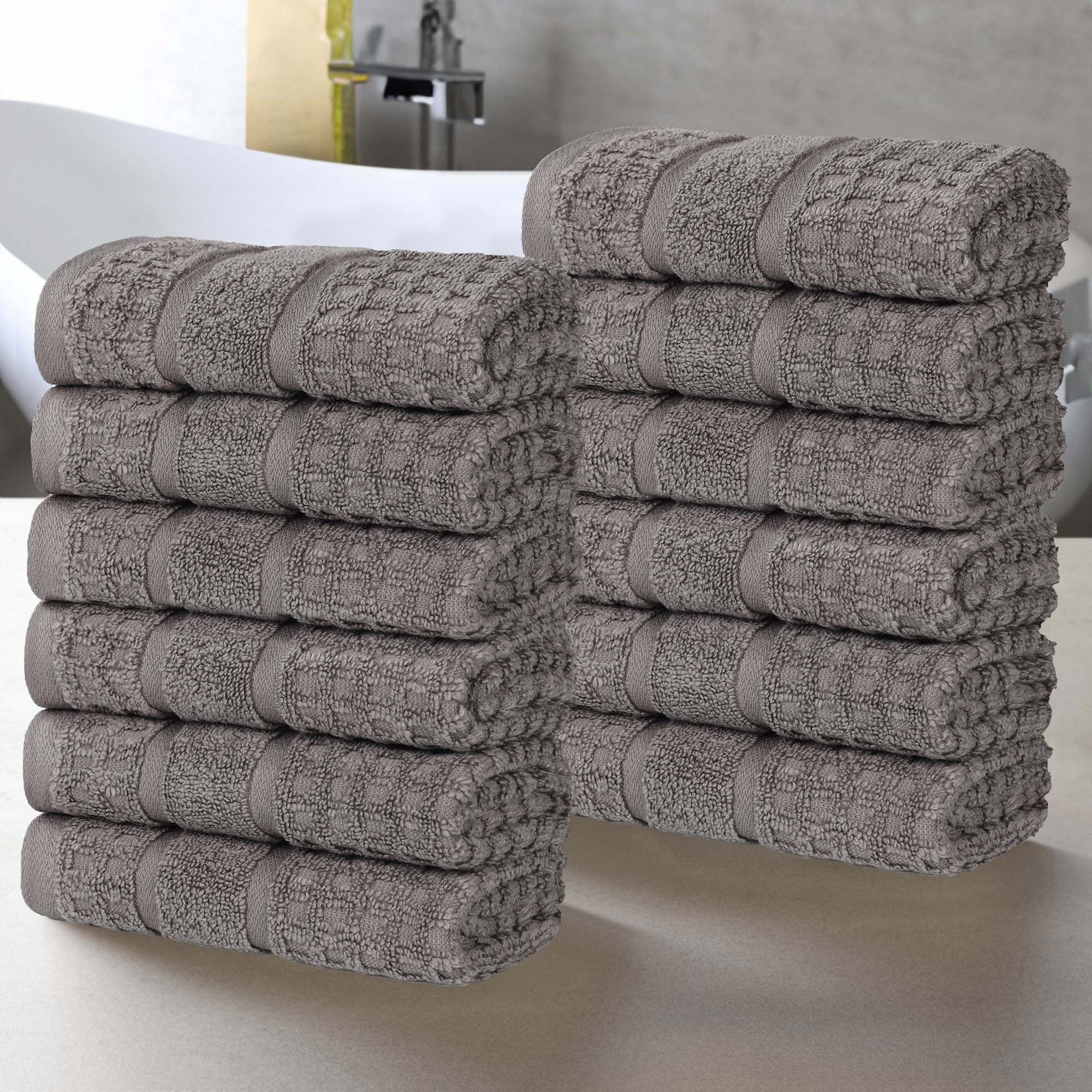 Superior Zero Twist 12-Piece Cotton Face Towel Set, Waffle Border Ultra Doft Quick Dry Towels, Charcoal