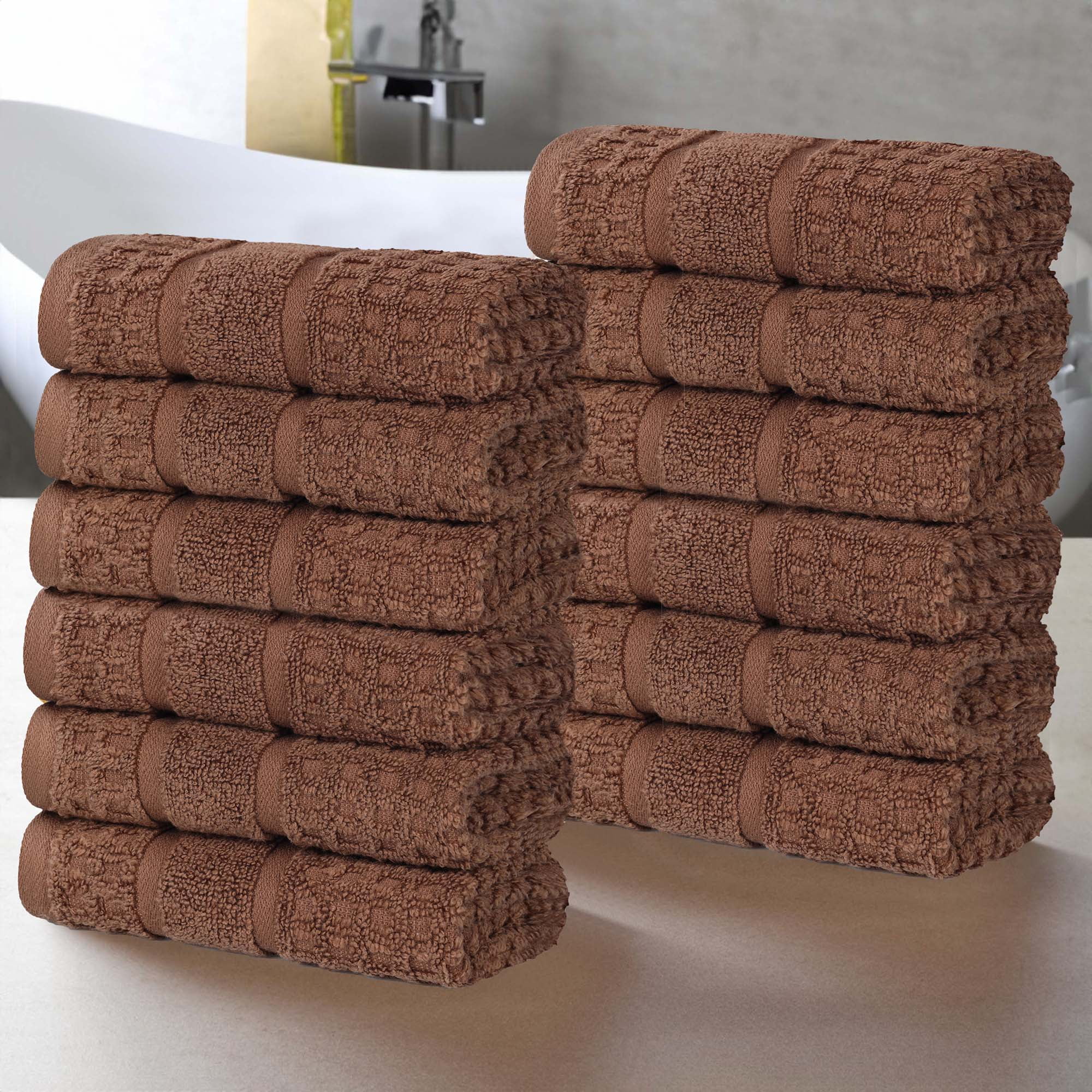 Superior Zero Twist 12-Piece Cotton Face Towel Set, Waffle Border Ultra Doft Quick Dry Towels, Chocolate