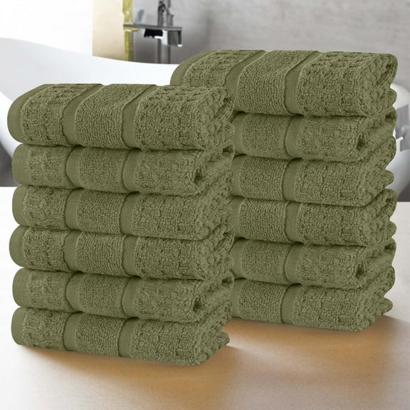 Superior Zero Twist 12-Piece Cotton Face Towel Set, Waffle Border Ultra Doft Quick Dry Towels, Forest Green