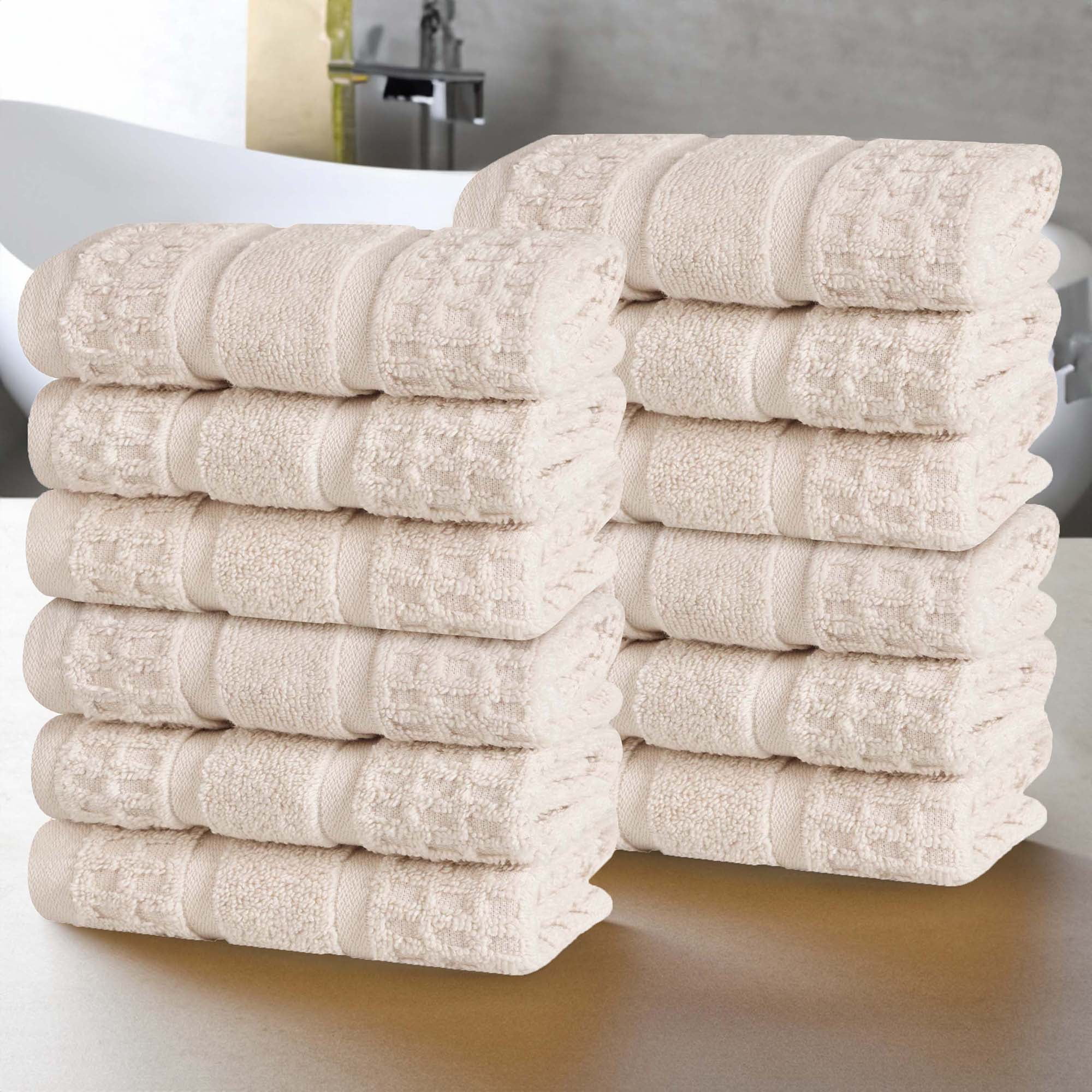 Superior Zero Twist 12-Piece Cotton Face Towel Set, Waffle Border Ultra Doft Quick Dry Towels, Ivory