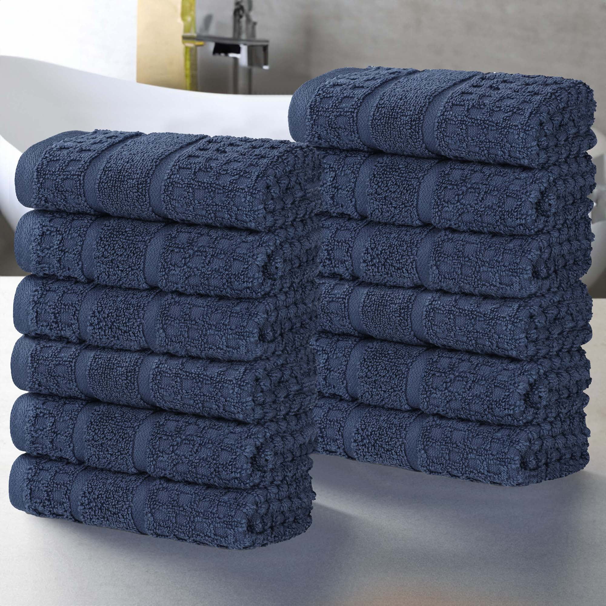 Superior Zero Twist 12-Piece Cotton Face Towel Set, Waffle Border Ultra Doft Quick Dry Towels, Navy Blue