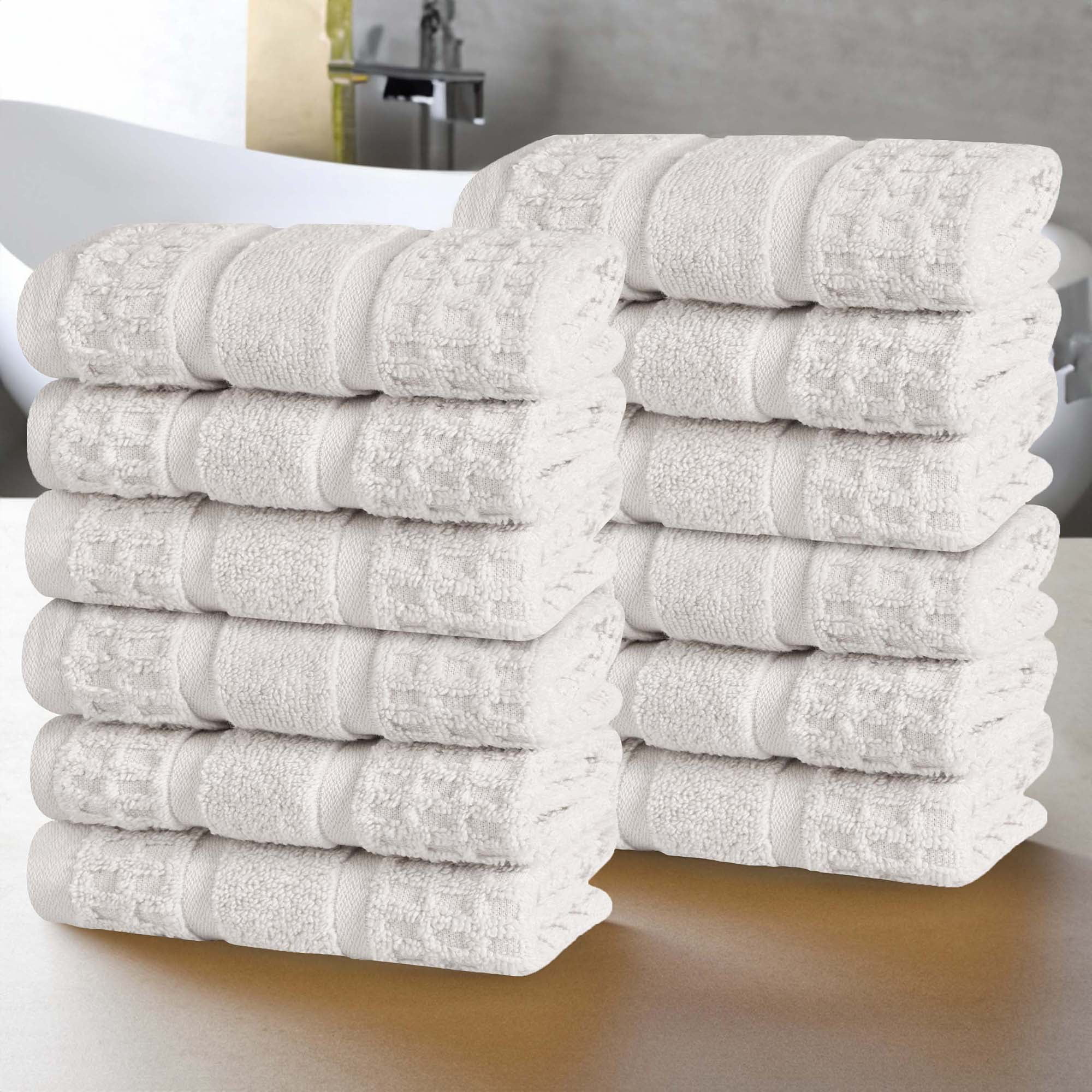Superior Zero Twist 12-Piece Cotton Face Towel Set, Waffle Border Ultra Doft Quick Dry Towels, Stone