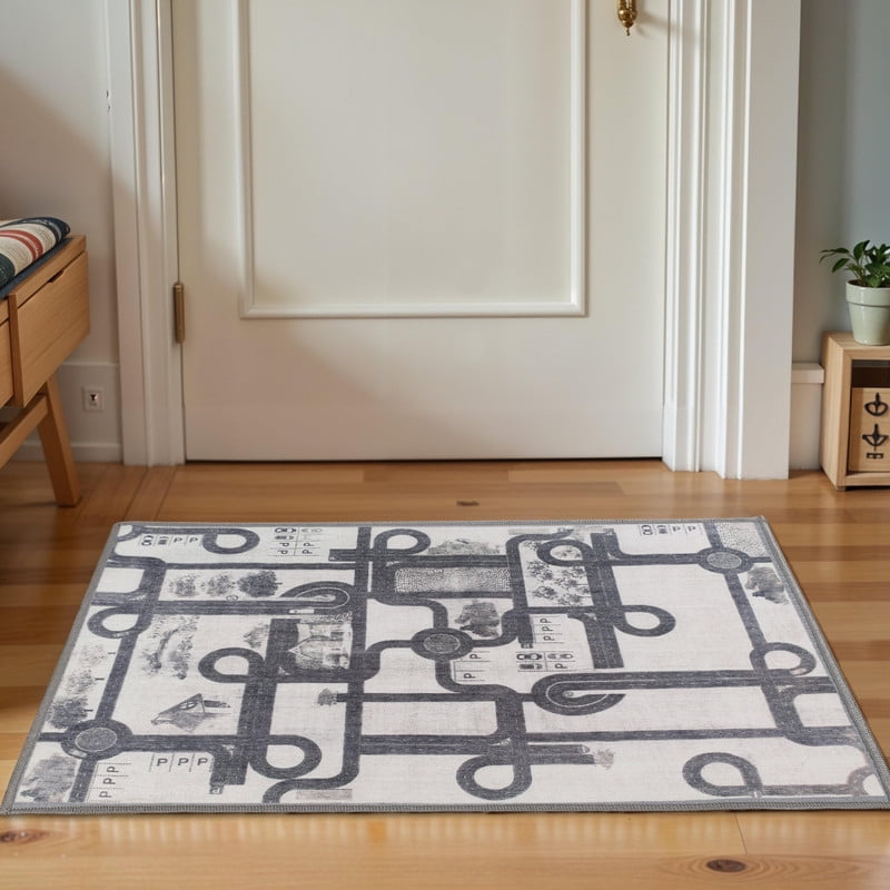 Superior Country Road Non-Slip Washable Indoor Play Rug, 2' x 3', Ivory