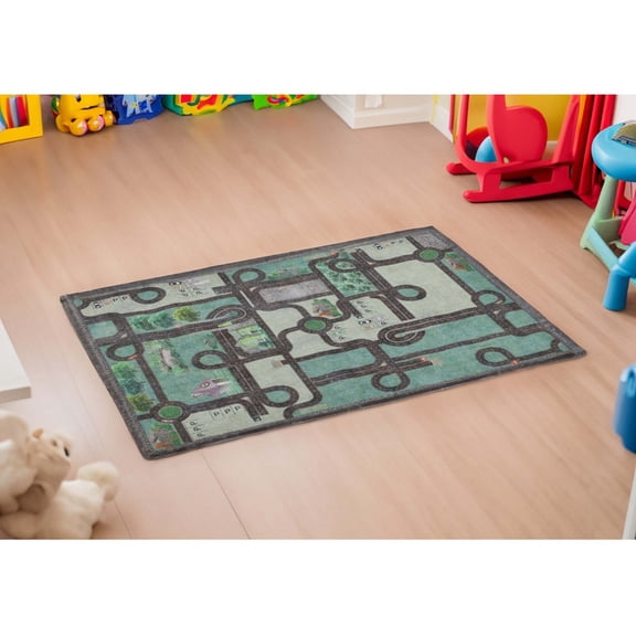 Superior Country Road Non-Slip Washable Indoor Play Rug, 2' x 3', Pine Green
