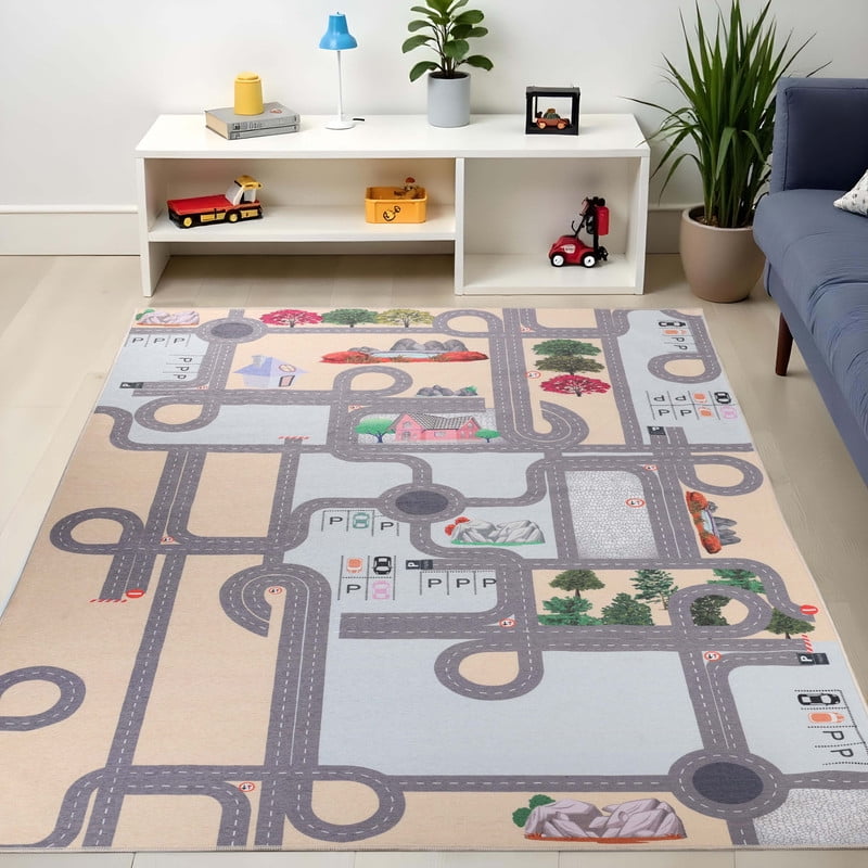 Superior Country Road Non-Slip Washable Indoor Play Rug, 3' x 5', Blue