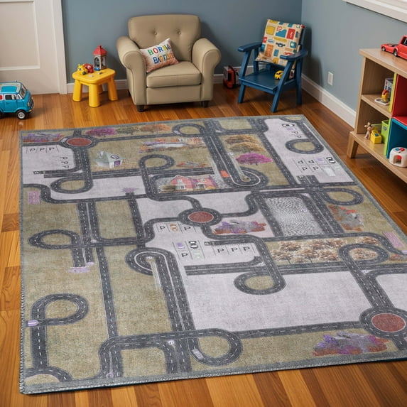 Superior Country Road Non-Slip Washable Indoor Play Rug, 5' x 5', Mossy Gold
