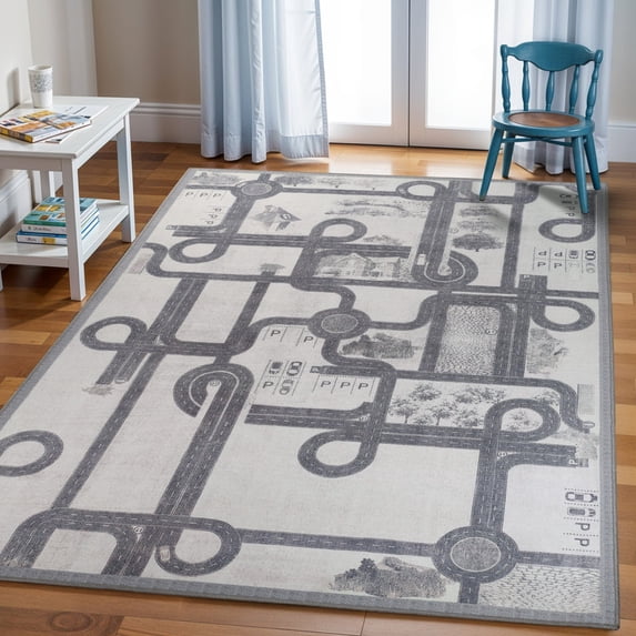 Superior Country Road Non-Slip Washable Indoor Play Rug, 5' x 7' 6", Ivory