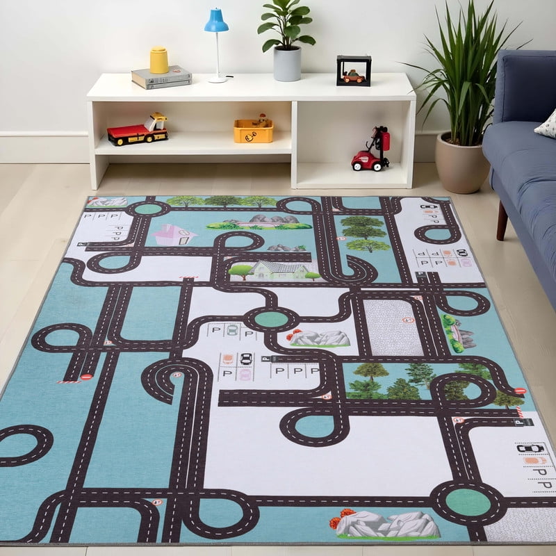 Superior Country Road Non-Slip Washable Indoor Play Rug, 8' x 10', Pine Green