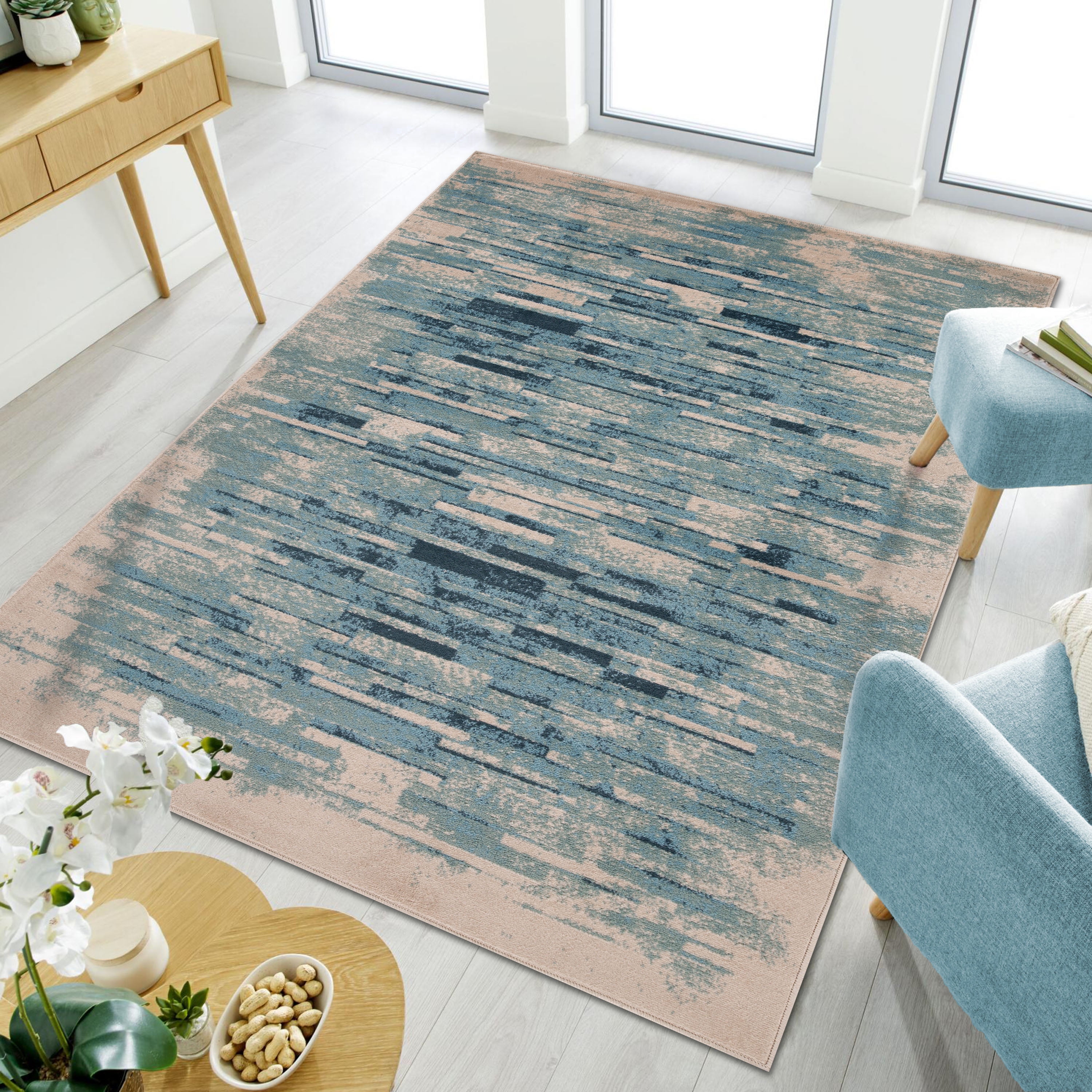 Blue Abstract Synthetic Indoor Area Rug, 5' x 8'