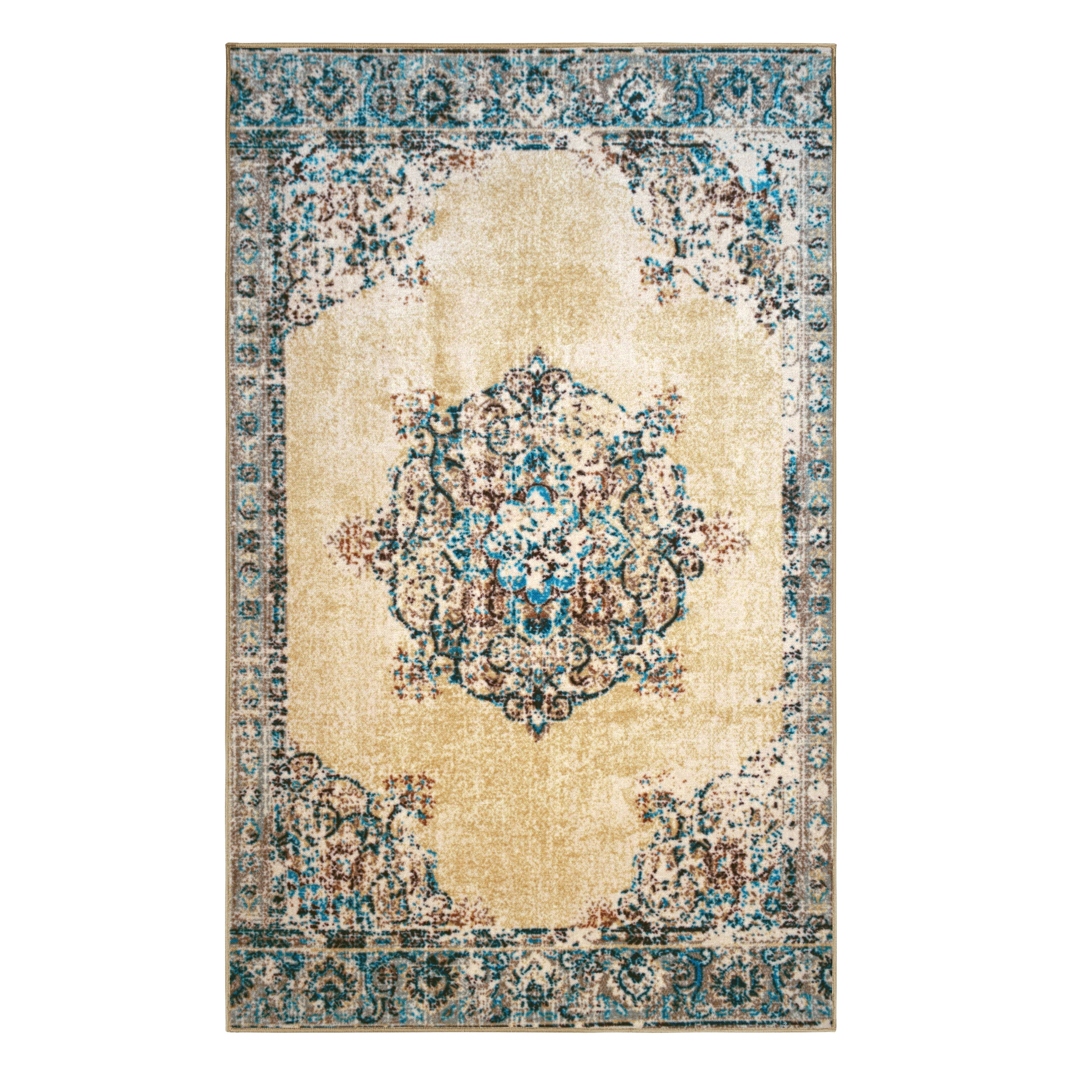 Cream and Blue Floral Synthetic Non-Slip Area Rug, 10' x 14'