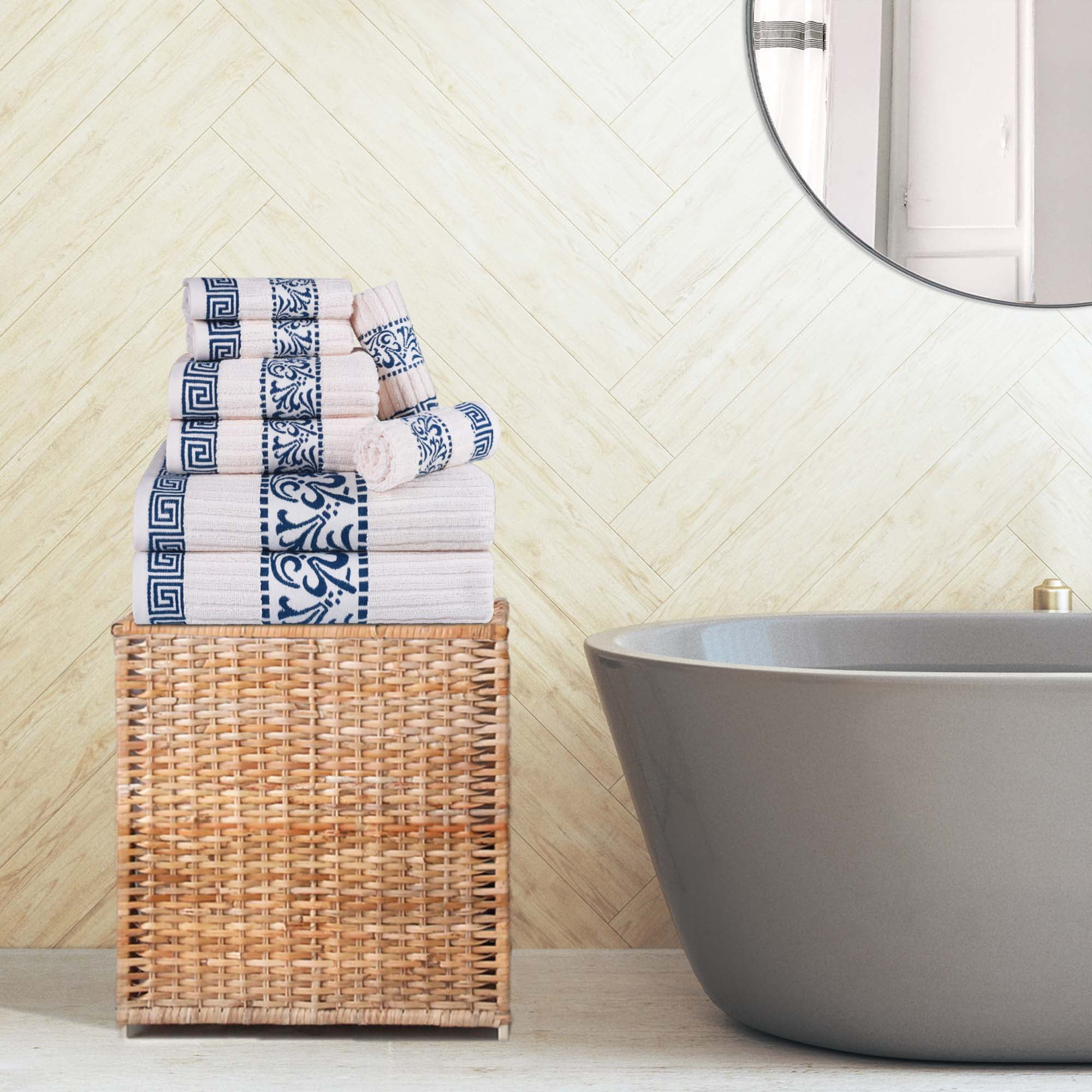 Ivory and Navy Cotton Towel Set with Greek Key Trim