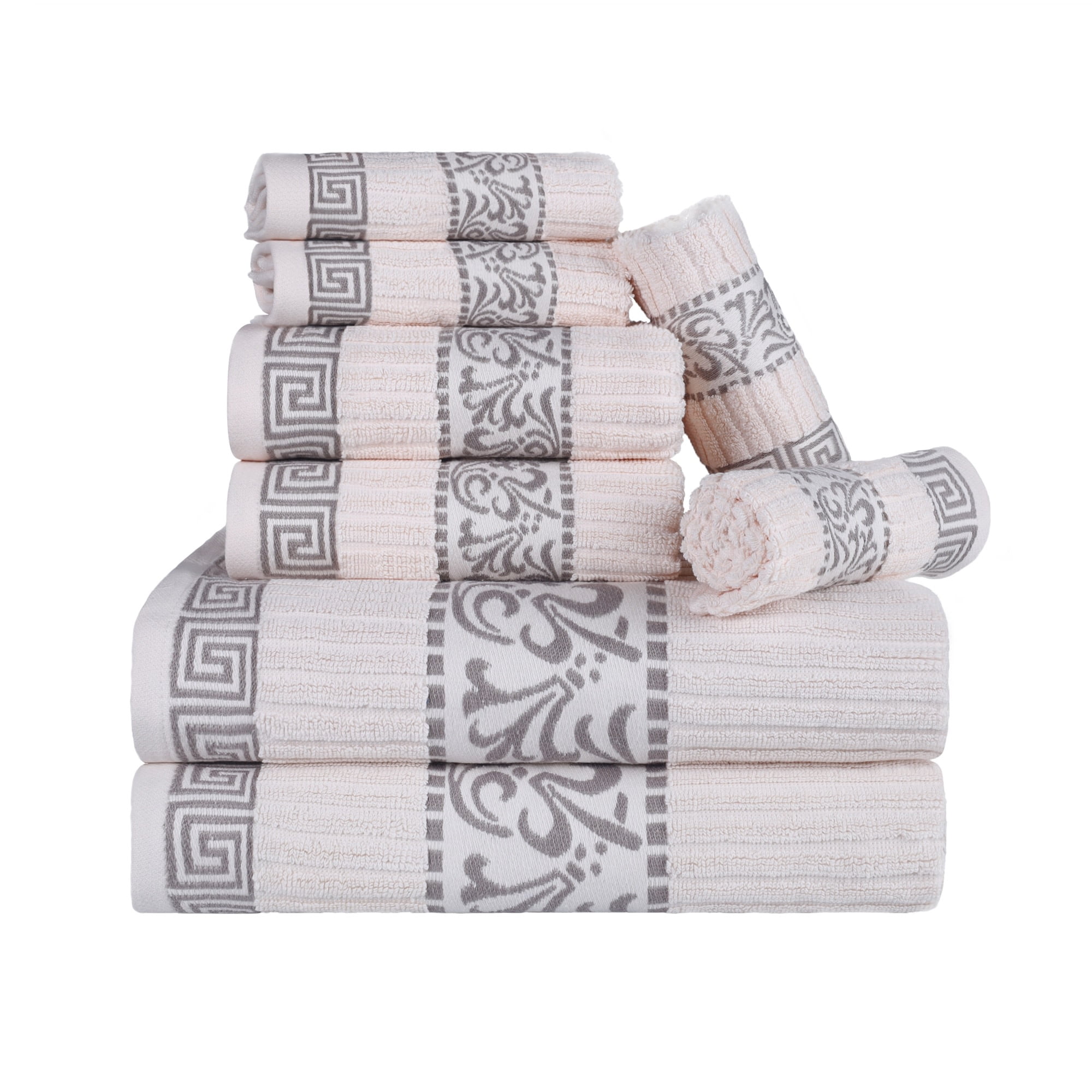 Superior Cotton Jacquard Absorbent Medium Weight 4 Piece Bath Towel Set - Ivory-Navy