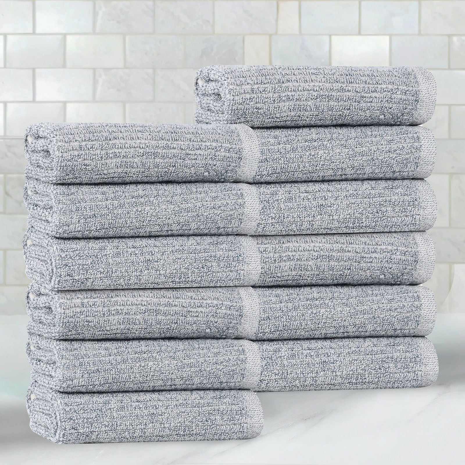 Superior Destin Viscose 12 Piece Cotton Blend Face Towel Set, Medium Weight Soft Towels, Denim Blue