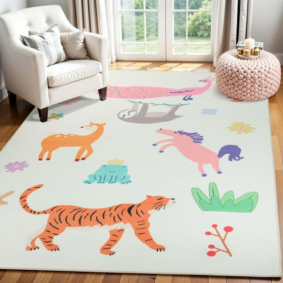 Superior Animal Safari Non-Slip Kids Playroom Nursery Washable Indoor Area Rug, 5' x 8'
