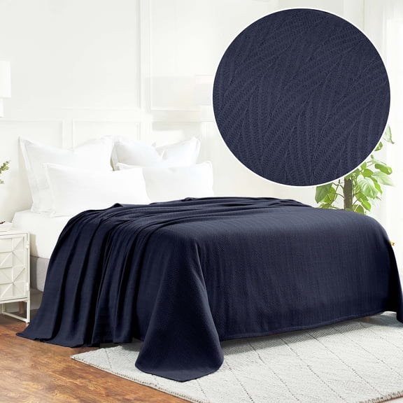 Superior Dobbyweave Knit Cotton Blanket, All Season Bed Blanket, Twin 66" x 90", Navy Blue