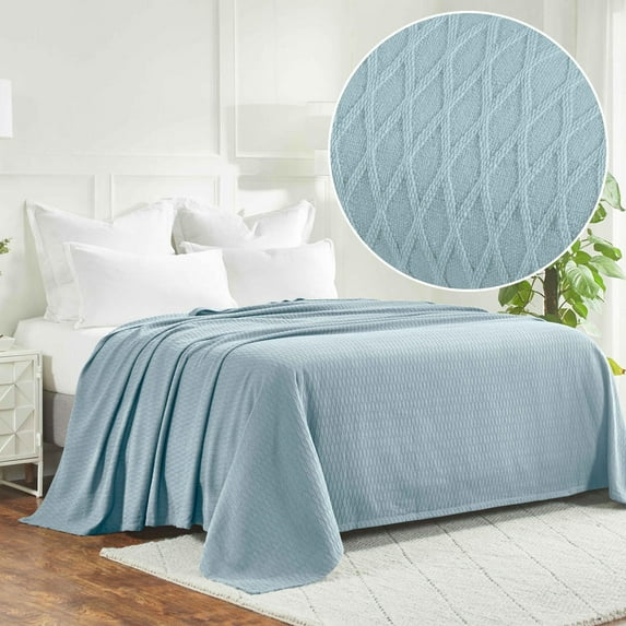 Superior Dobbyweave Knit Cotton Blanket 90" x 90", All Season Bed Blankets, Full/Queen, Aqua