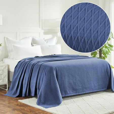 Superior Dobbyweave Knit Cotton Blanket 90" x 90", All Season Bed Blankets, Full/Queen, Merritt Blue