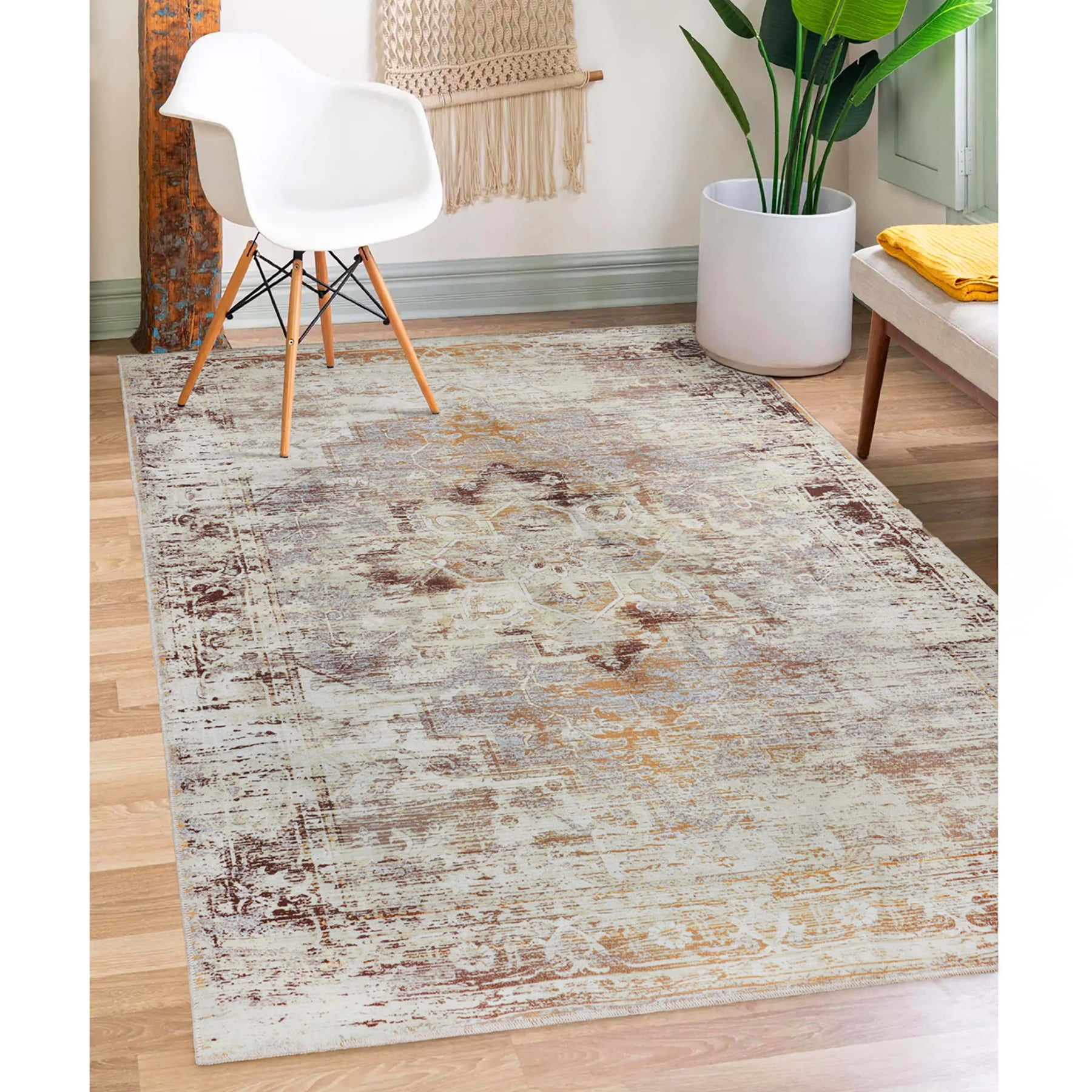 Superior Dove Rustic Washable Indoor Area Rug, 5' x 7', Cream