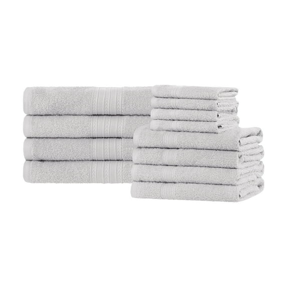 Superior Eco-Friendly Cotton Solid 12-Piece, Silver, Towel Set