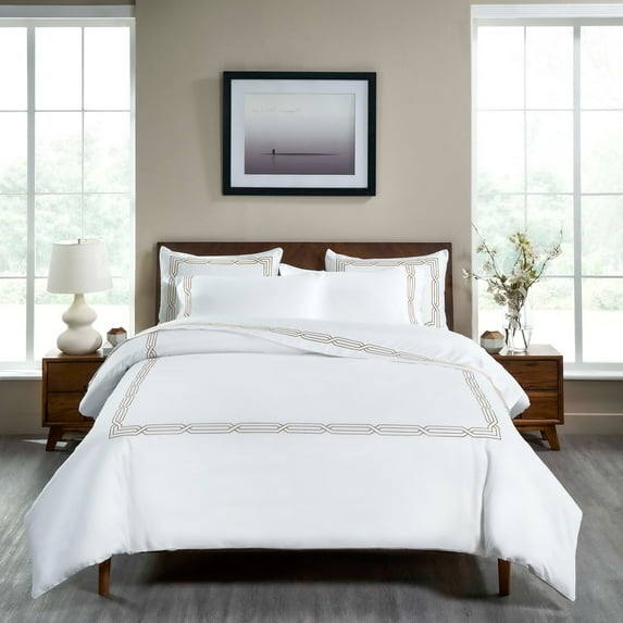 Superior Egyptian Cotton 1200 TC Embroidered White/Taupe Duvet Set, King/California King