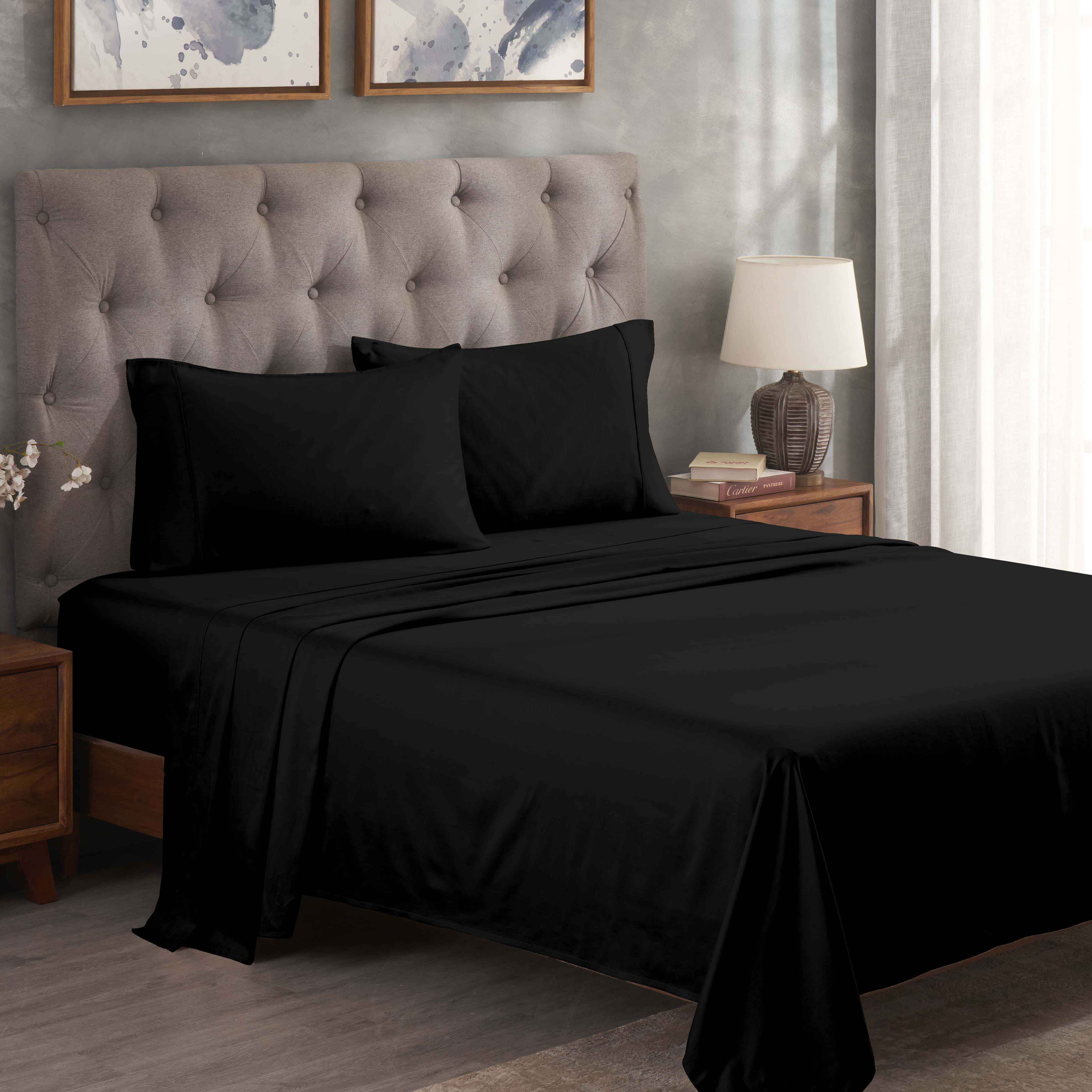 Superior Egyptian Cotton 300 Thread Count Deep Pocket Sheet Set, Queen, Black
