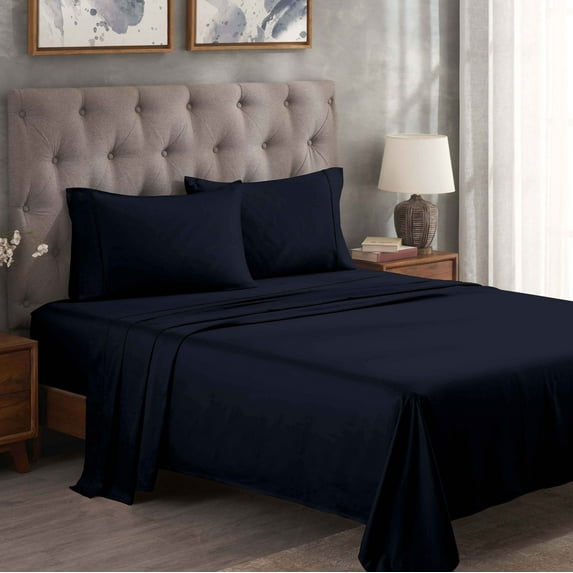 Superior Egyptian Cotton 300 Thread Count Deep Pocket Sheet Set, Queen, Navy Blue